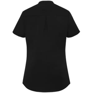 A black short sleeve blouse with a curved hem and a small pleat at the back. It includes a logo.