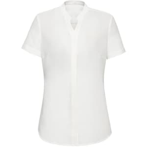 A white short sleeve blouse featuring a v-neck design and a classic fit. Includes a logo on the label.