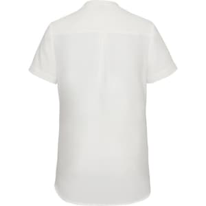 A white short sleeve blouse featuring a relaxed fit and a back seam detail. It includes a logo.
