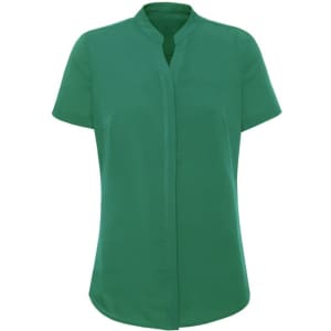 A green women's short sleeve blouse with a collared neckline and a smooth finish, featuring a logo.