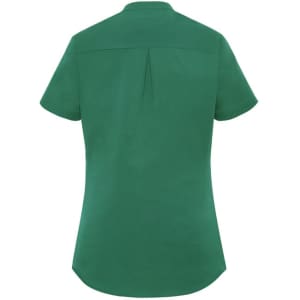 A green short sleeve blouse with a back pleat and a collar, featuring a logo.