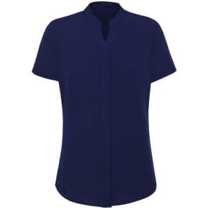 A navy blue short sleeve blouse with a relaxed fit and a pointed collar, featuring a logo on the label.