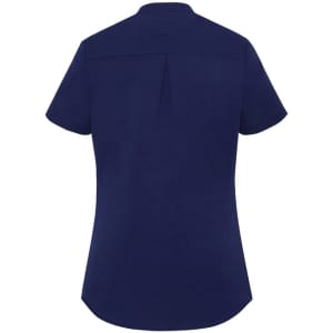 A navy short sleeve blouse with a back pleat and a subtle logo detail. Suitable for various casual occasions.