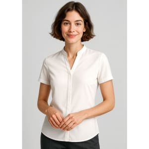 A short sleeve women's blouse in white, featuring a v-neckline and a fitted design. Includes a logo on the garment.