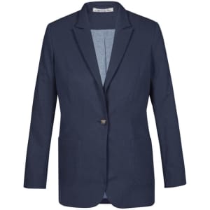 A women's blazer in navy blue featuring a single button closure and two front pockets. It has a slight sheen and a tailored fit.