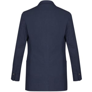 A navy women's blazer featuring a tailored back design with long sleeves and two pockets.