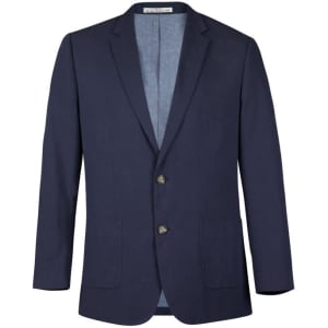 A navy blue men's blazer featuring a two-button closure and a classic lapel design. It includes an inner lining.