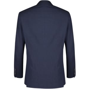 A navy blue men's blazer with a tailored fit, featuring long sleeves and a back vent.