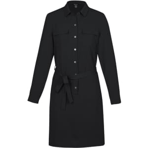 A black women's dress with button-up front, long sleeves, two chest pockets, and a tied waist belt.