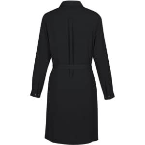 A black women's dress with a collar, long sleeves, a belted waist, and back pleats. It features a logo.
