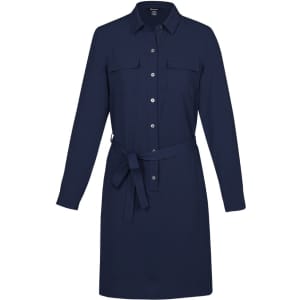 A navy blue dress with a button-up front, two chest pockets, and a tie belt at the waist. It has long sleeves.