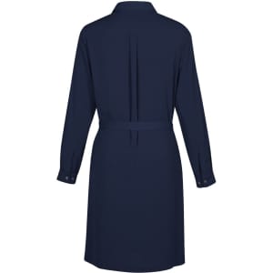 A navy dress with a collared neckline, long sleeves, and a belted waist, featuring a pleated back detail.