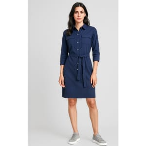A navy women's dress with a button-up front, collar, and a matching belt. It features two chest pockets and three-quarter sleeves.