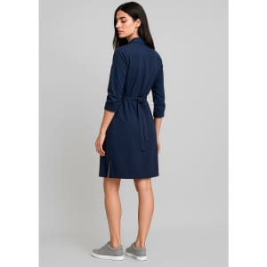A navy blue women's dress with long sleeves and a tie waist, featuring a back view and a knee-length cut.