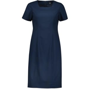 A navy blue short sleeve dress with a simple, elegant design and a logo.