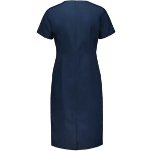 A navy blue women's short sleeve dress featuring a zip closure at the back and a simple, elegant design.