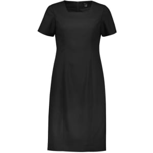 A black short sleeve dress featuring a square neckline and a fitted silhouette, with a concealed back zipper and a logo.