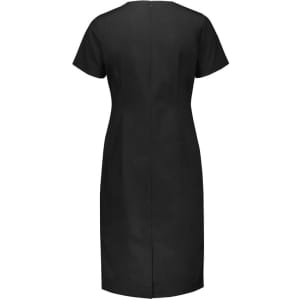 A short sleeve black dress with a fitted silhouette and a concealed back zipper. It has a simple design and no visible branding.