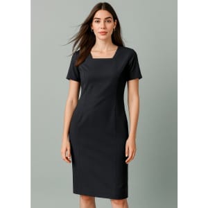 A fitted black short sleeve dress with a square neckline and a logo on the side.