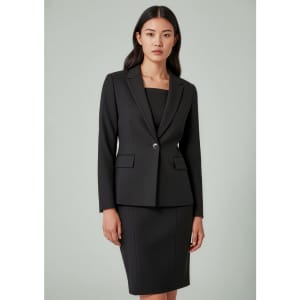 A black two-piece suit featuring a tailored blazer and fitted skirt, with a minimalistic design and a logo.