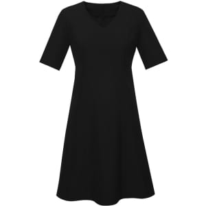 A black dress with extended short sleeves and a V-neckline, featuring a flared silhouette and a back zip.