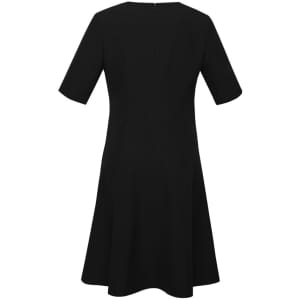A black women's dress with extended short sleeves, featuring a fitted bodice and flared skirt silhouette.