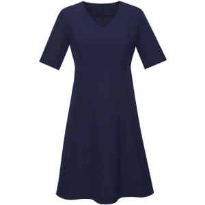 A navy blue extended short sleeve dress with a v-neck and flared skirt. It features a back zip and has a logo.