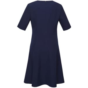 A navy blue women's dress with an extended short sleeve and a flared skirt, featuring a back zipper and a logo.