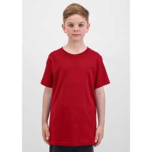 A red short sleeve tee for kids, featuring a simple design and a logo on the front.