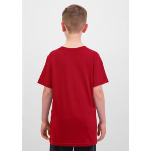 A red short sleeve T-shirt viewed from the back, featuring a simple design and a logo.
