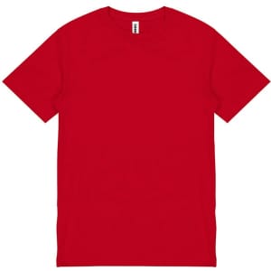 A red short sleeve t-shirt featuring a plain design and a branding label.