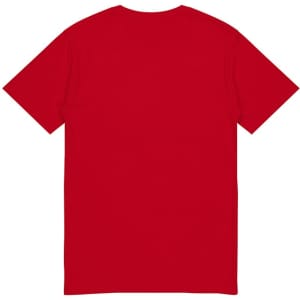 A bright red short sleeve tee featuring a plain back and a logo. Suitable for kids.