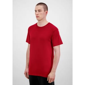 A red men's short sleeve t-shirt displayed on a model, featuring a simple design and a straight cut.