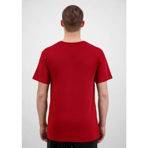 A red short sleeve tee viewed from the back, featuring a simple design and a logo.