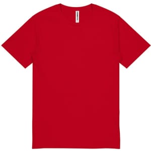 A red short sleeve t-shirt with a plain design and a logo label on the collar.