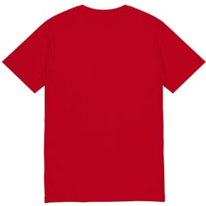 A red short sleeve tee with a plain back, featuring a logo on the neck area.