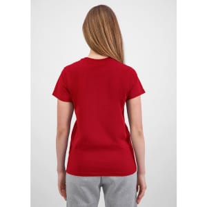 A red women's short sleeve tee is displayed from the back, featuring a simple design and a fitted silhouette.