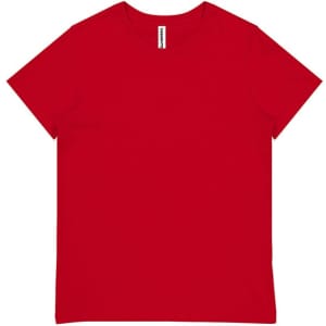 A red women's short sleeve tee featuring a simple design and a branding label.