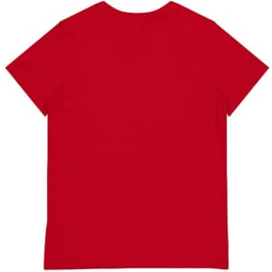A red women’s short sleeve tee featuring a plain back design. Includes a logo on the label.
