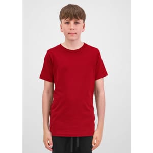 A red short sleeve t-shirt displayed on a model, featuring a simple design and a logo on the front.