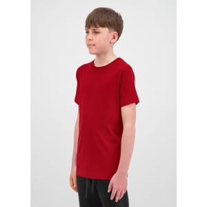 A youth short sleeve tee in red, featuring a simple design and a logo on the front.
