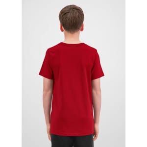 A red short sleeve tee for youth, featuring a simple design and a logo at the back.