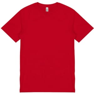 A red short sleeve tee with a label inside and no visible graphics or branding.