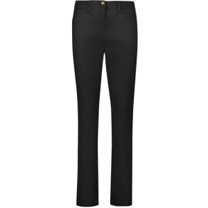 A pair of black slim leg stretch chino pants with a button closure and pockets, featuring a branding logo.