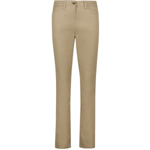 A pair of women's slim leg stretch chino pants in khaki colour, featuring a button closure and pockets.