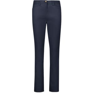 A pair of women's slim leg stretch chino pants in navy, featuring a front button closure and pockets.
