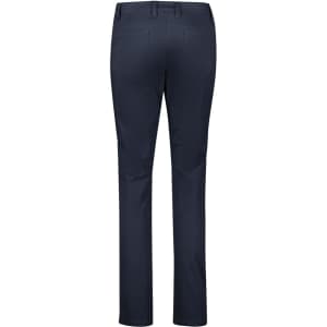 A pair of women's slim leg stretch chino pants in navy blue, featuring a back view with two pockets and a logo.