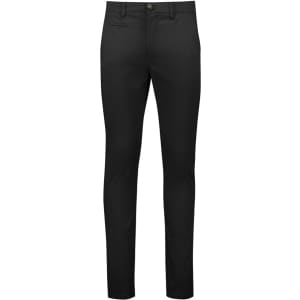 A pair of black tapered stretch chino pants featuring a front pocket and a button closure.
