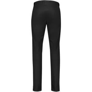A pair of black tapered stretch chino pants featuring a back view, with pockets and a waistband.