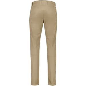 A pair of beige tapered stretch chino pants with back pockets and a logo.